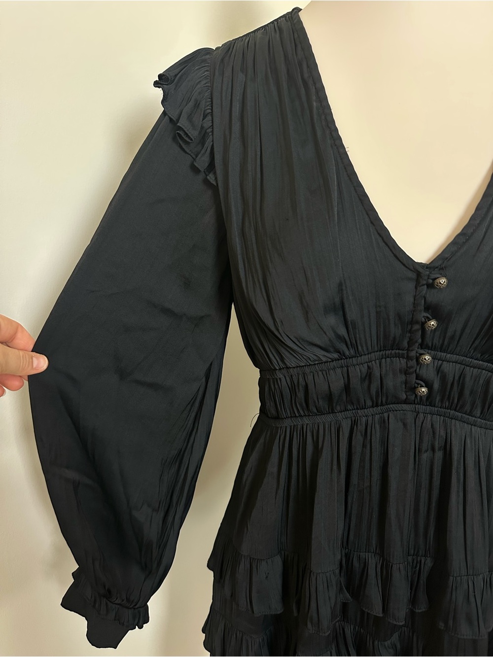 Anthropologie Black Satin Tiered Dress - Picture 4 of 8